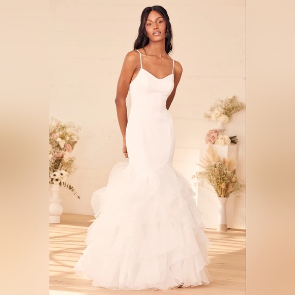 Lulus Extravagance White Ruffled Organza Mermaid Maxi Dress 4 Wedding Bridal - Picture 2 of 11